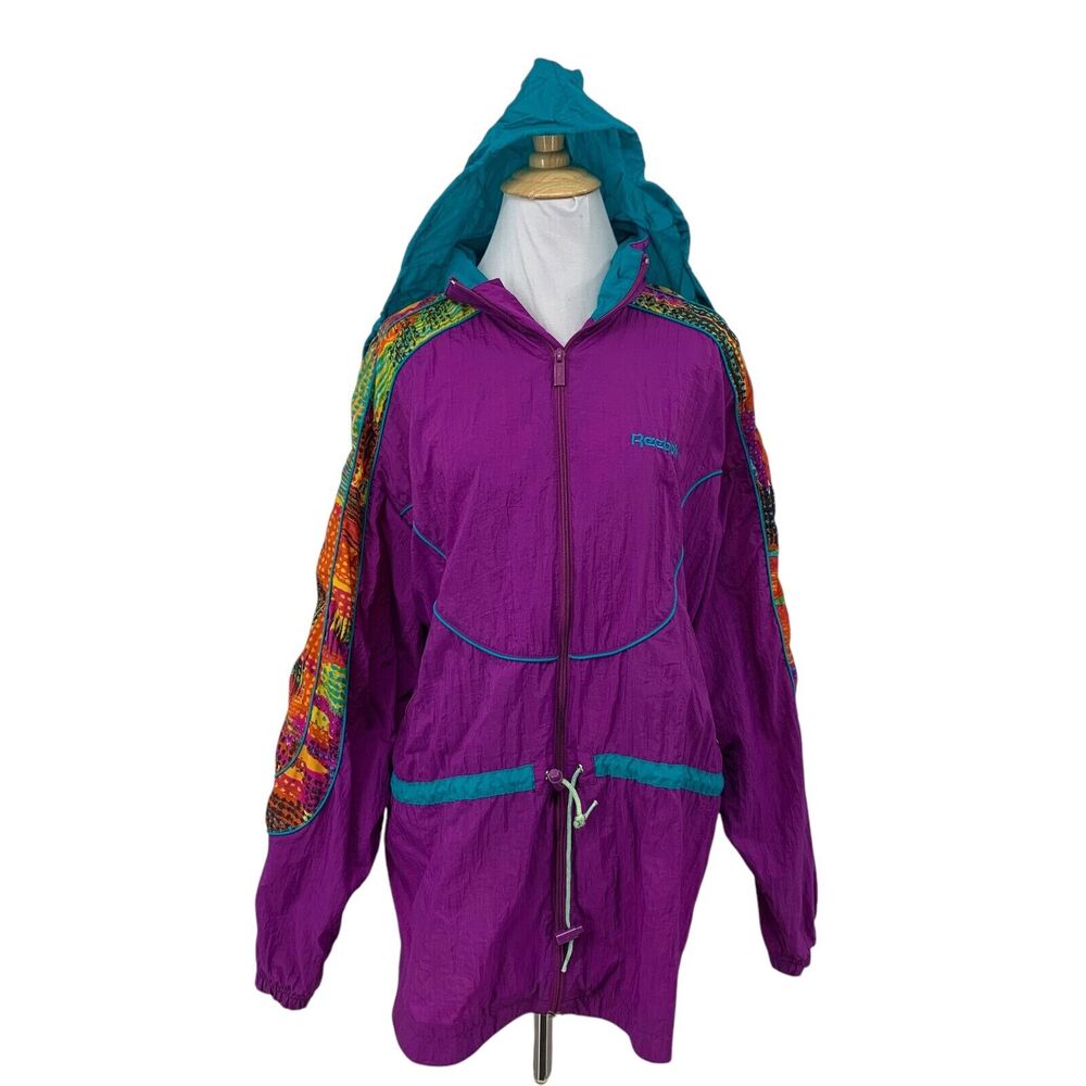 Vintage Reebok Jacket Womens M Medium Multi Retro Full Zip Hoodie Oversized